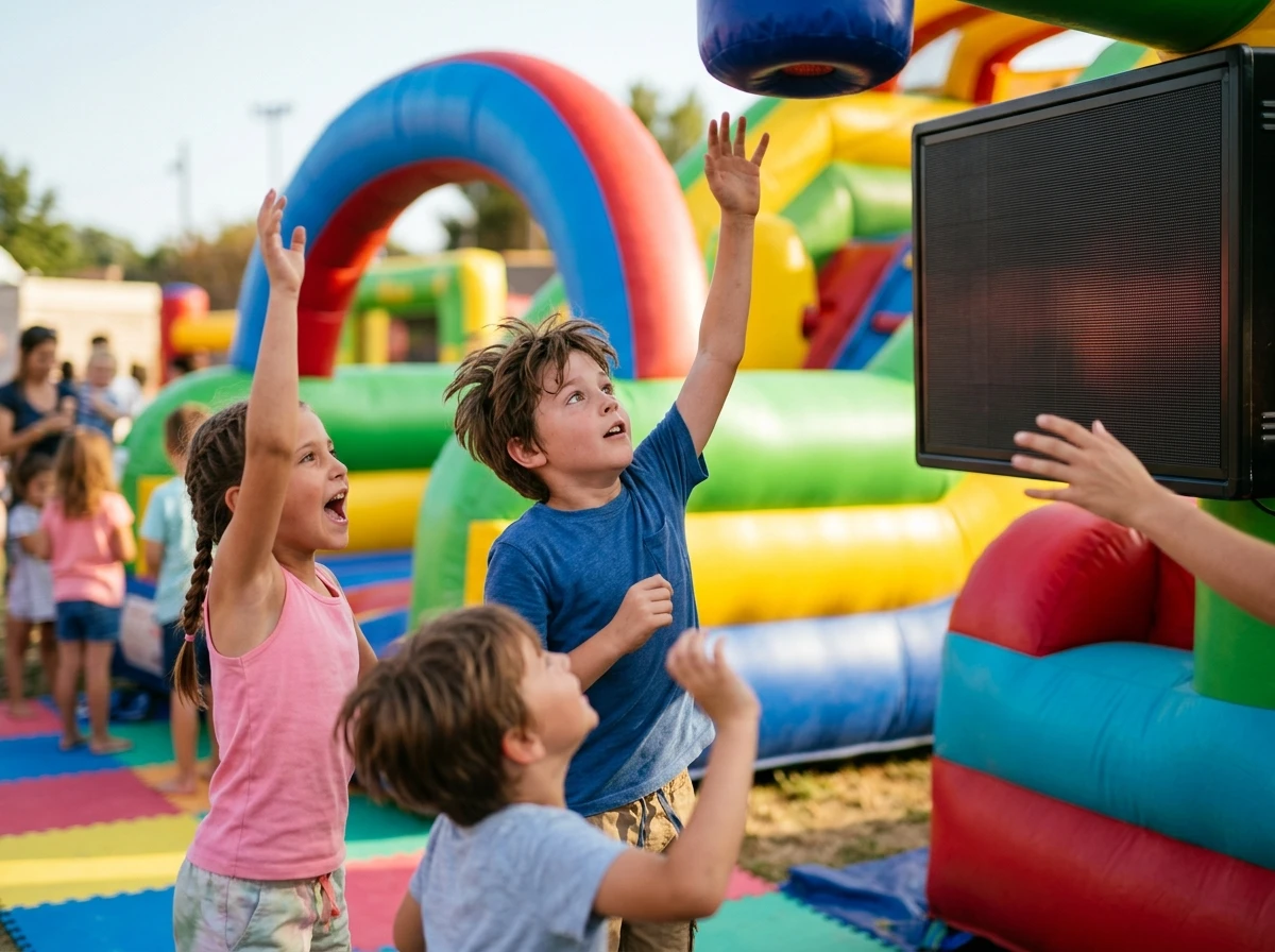 Close-up of children competing at an interactive inflatable game with a visible digital scoreboard. Kids are mid-action, arms raised, expressions of excitement and concentration. Bright summer daylight, colourful inflatable in background. Candid, action-shot feel. Photorealistic, warm and energetic mood.