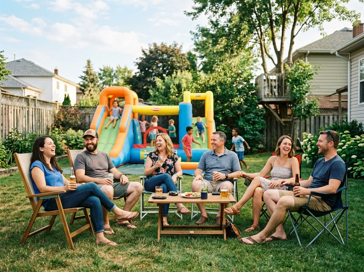Group of parents sitting in lawn chairs in a backyard, relaxed and laughing together, drinks in hand, while children play in the background on inflatables. Sunny afternoon light, casual suburban setting. The parents look genuinely at ease, not supervising anxiously. Warm, candid, slice-of-life feel. Photorealistic.