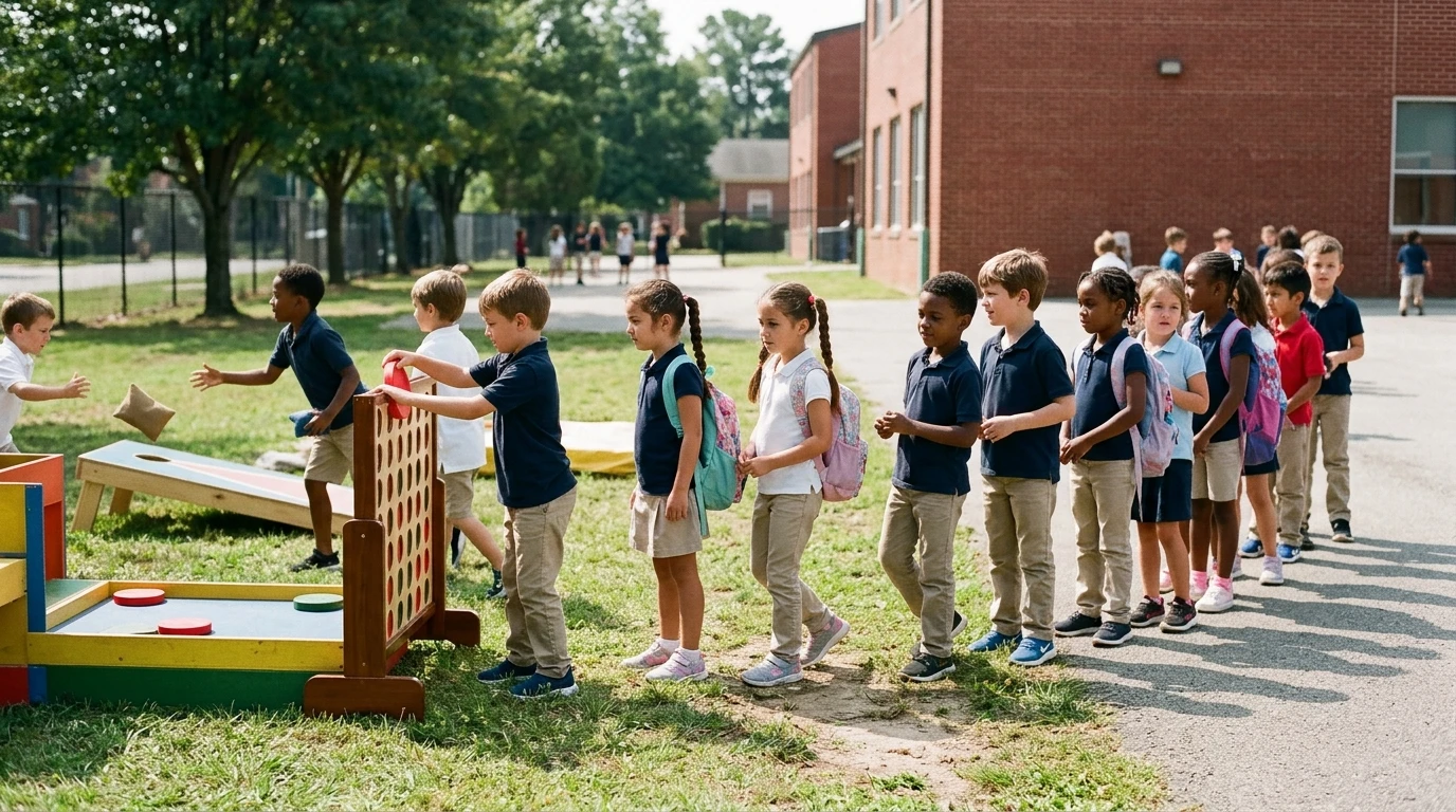 Add a line of school kids waiting their turn to play in this games