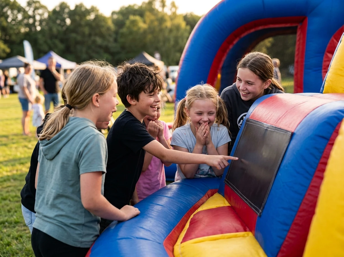 Close-up of a group of kids ages 8-12 gathered around a bright inflatable game with a visible scoreboard panel showing scores. Kids are laughing and pointing at the screen, competitive excitement on their faces. Outdoor setting, warm daylight, candid and joyful mood. Photorealistic style.