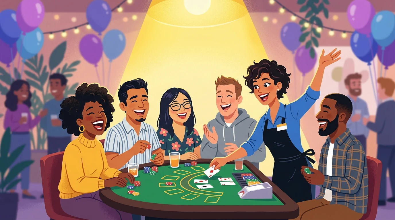 Playful flat-illustration lifestyle scene of diverse adults mid-laugh around a mini casino table during an office party, animator energetically dealing cards and gesturing with excitement, bright yellow spotlight glow, purple and blue balloons softly blurred in background, warm joyful mood, main subjects centered with open margins for cropping.