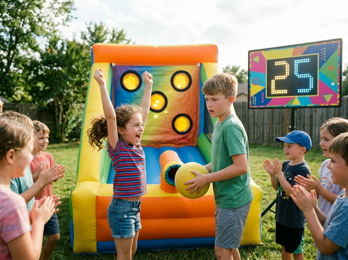 Gros plan de deux frères et sœurs en compétition à un jeu de lancer de carnaval gonflable avec des cibles de capteurs lumineux, l'enfant plus jeune célébrant les bras levés tandis que le tableau de bord affiche un nombre élevé, d'autres enfants applaudissant autour d'eux, cadre ensoleillé et lumineux en arrière-cour
