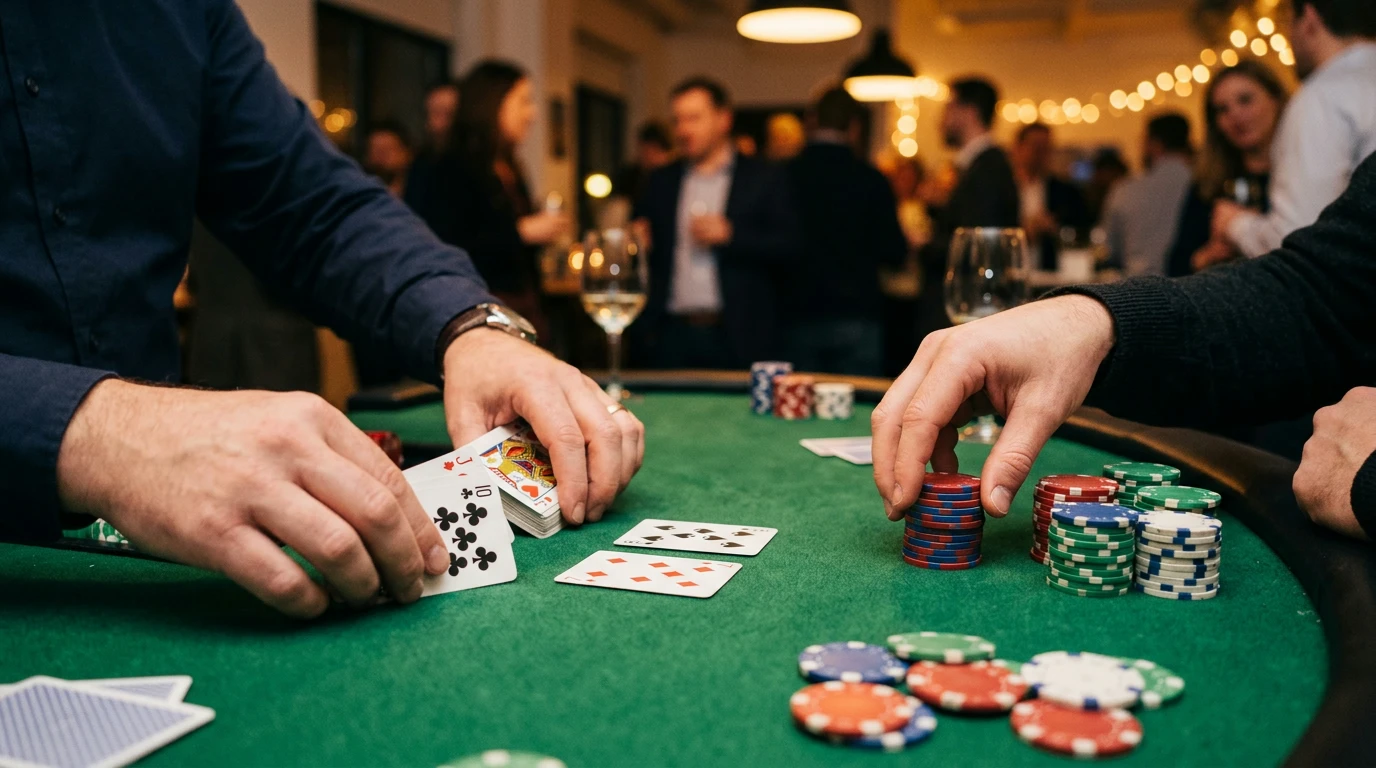 Close-up shot of hands dealing cards and stacking colorful casino chips on a green felt table at an office party, blurred background of mingling guests, warm ambient lighting, realistic photography style