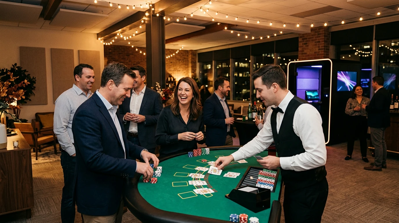 A warm, professionally lit indoor corporate party scene with a casino-style blackjack table staffed by a dealer in a vest, adult guests in business casual clothing laughing and playing with poker chips, a compact minipod entertainment unit visible in the background corner of an office lounge space, string lights overhead, photographed in a realistic editorial style
